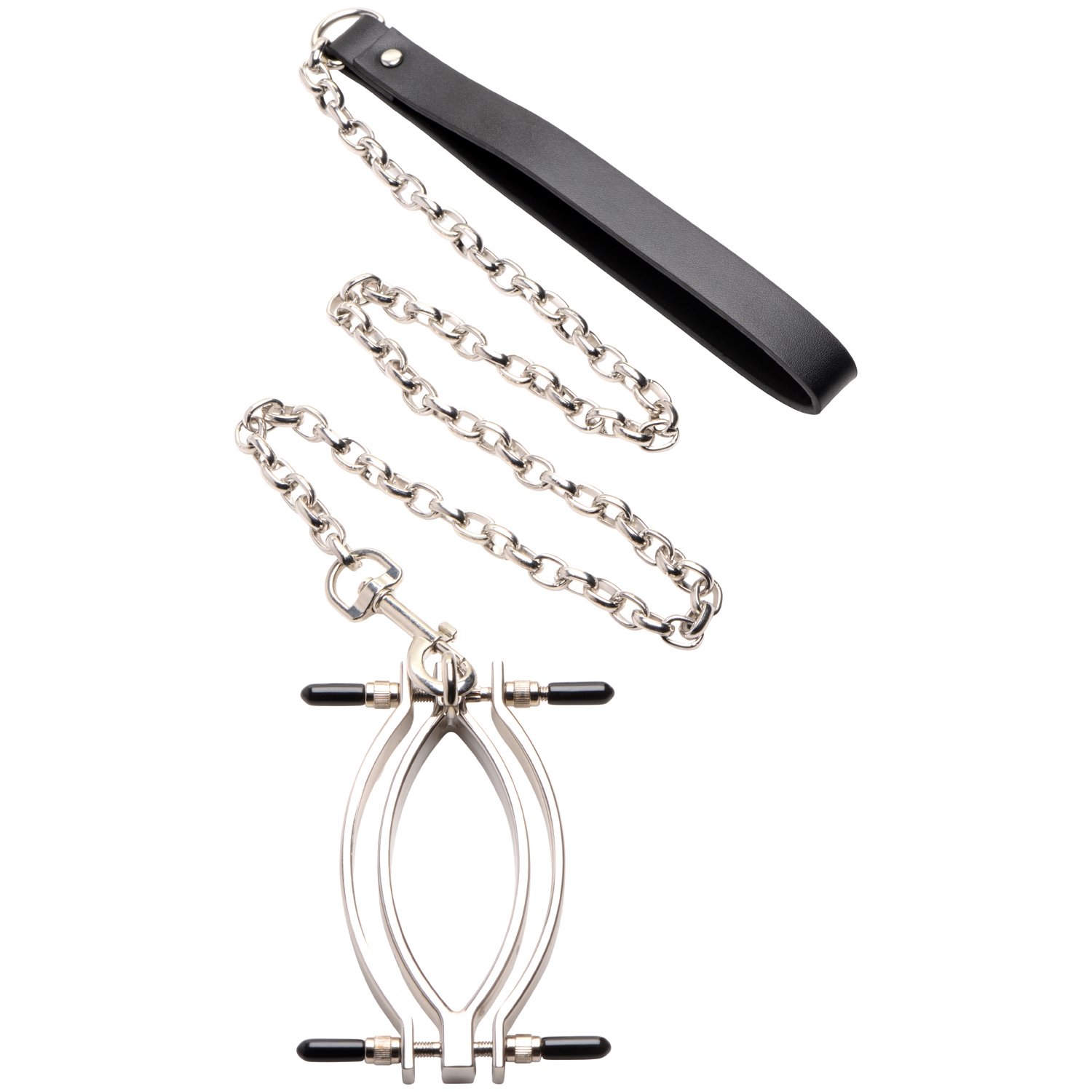 Master Series Pussy Tugger Labia Clamp with Leash - Black