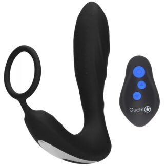 Ouch! Electro and Vibrating Butt Plug with Cock Ring - Black